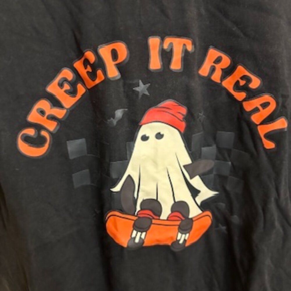 Creep It Real Graphic Tee – Skater Ghost Halloween Shirt, Size XL